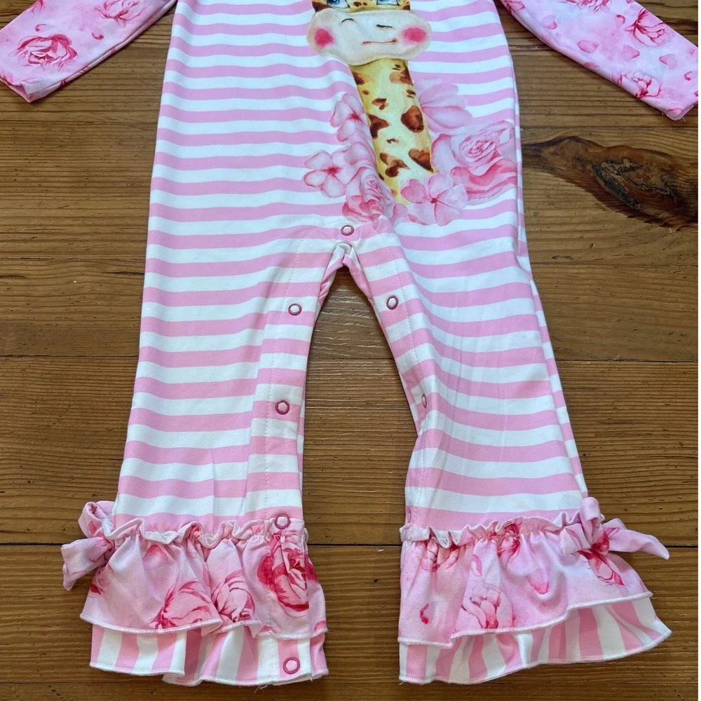 Penelope Plumm Romper Kids Pink Giraffe Floral Ruffle Bell Bottom SIZE‎ 2T NWT